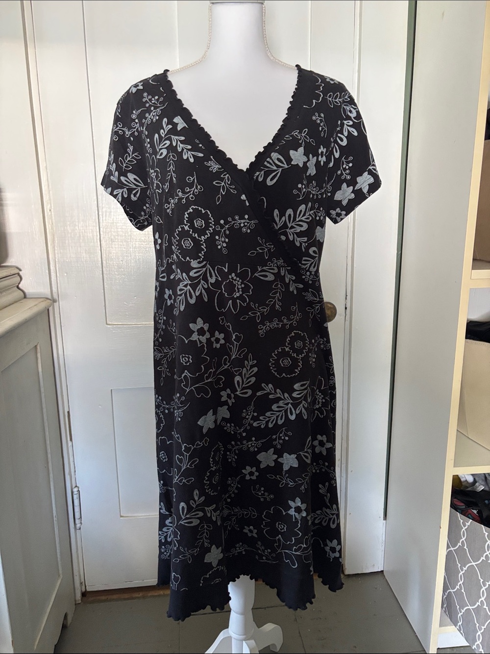 fresh produce Black and Gray Floral Faux Wrap Dress